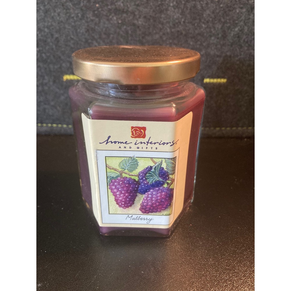 Home Interiors & Gifts Mulberry Scented 7.5 oz Hexagon Glass Jar Candle Gold Lid